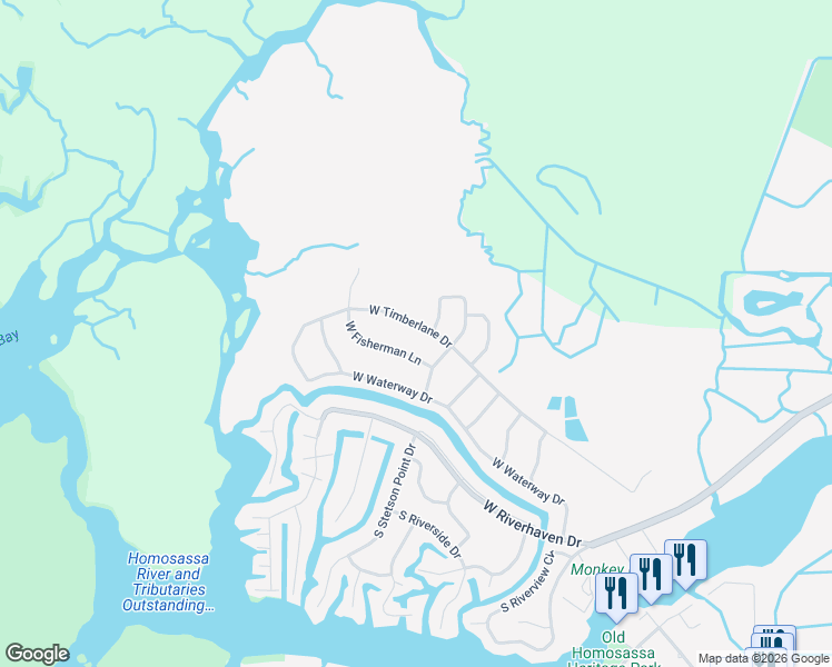 map of restaurants, bars, coffee shops, grocery stores, and more near 11735 West Fisherman Lane in Homosassa