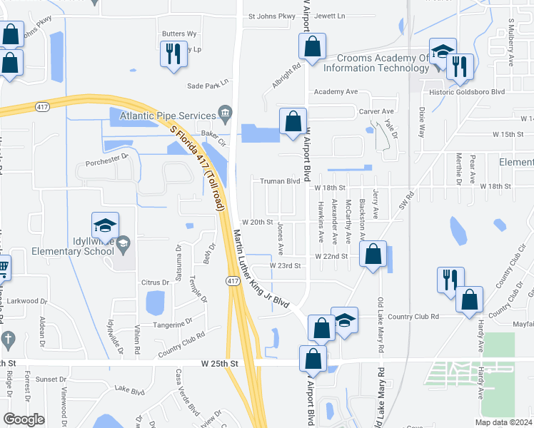 map of restaurants, bars, coffee shops, grocery stores, and more near 2898 McKinley Lane in Sanford