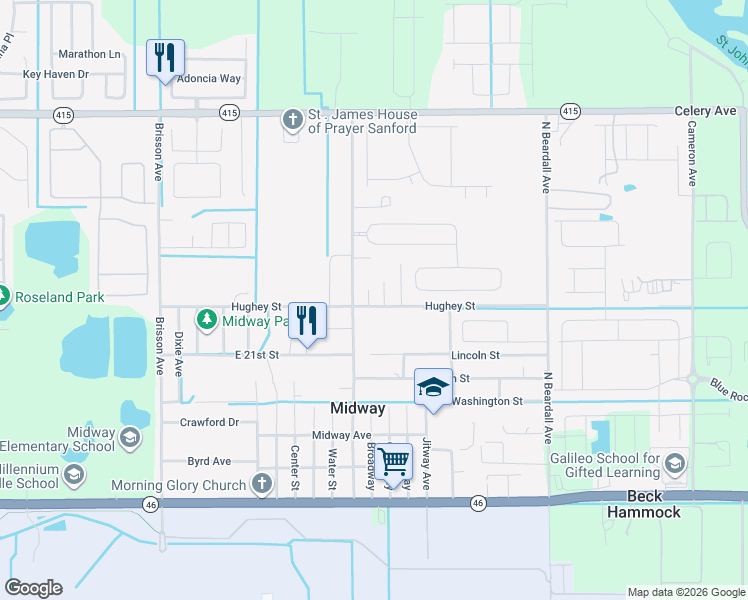 map of restaurants, bars, coffee shops, grocery stores, and more near 3320 Hughey Street in Sanford