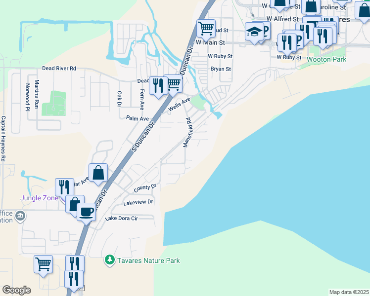 map of restaurants, bars, coffee shops, grocery stores, and more near 30342 Mansfield Road in Tavares