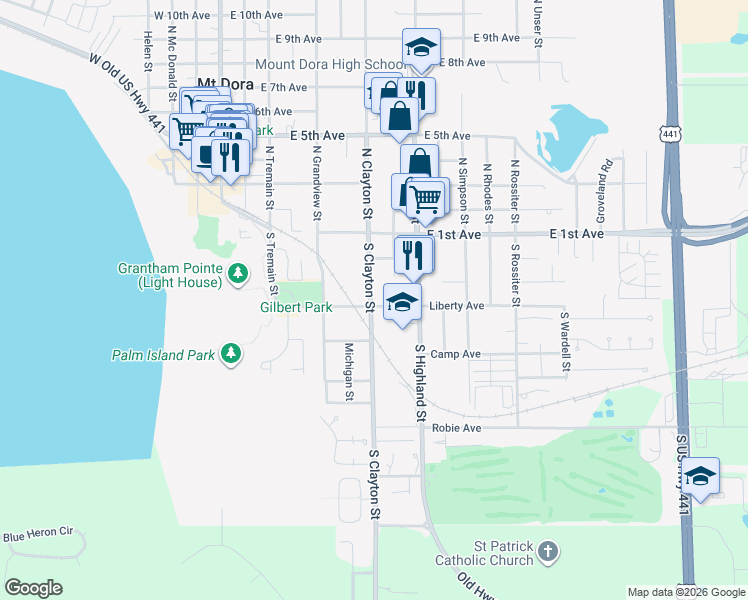 map of restaurants, bars, coffee shops, grocery stores, and more near 748 Liberty Avenue in Mount Dora