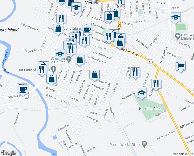 map of restaurants, bars, coffee shops, grocery stores, and more near 505 East Convent Street in Victoria