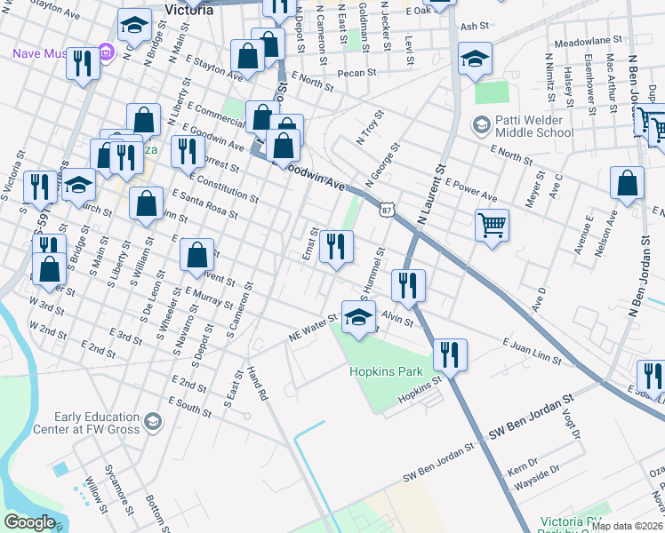 map of restaurants, bars, coffee shops, grocery stores, and more near 1208 East Juan Linn Street in Victoria