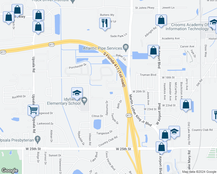 map of restaurants, bars, coffee shops, grocery stores, and more near 410 Tangelo Drive in Sanford