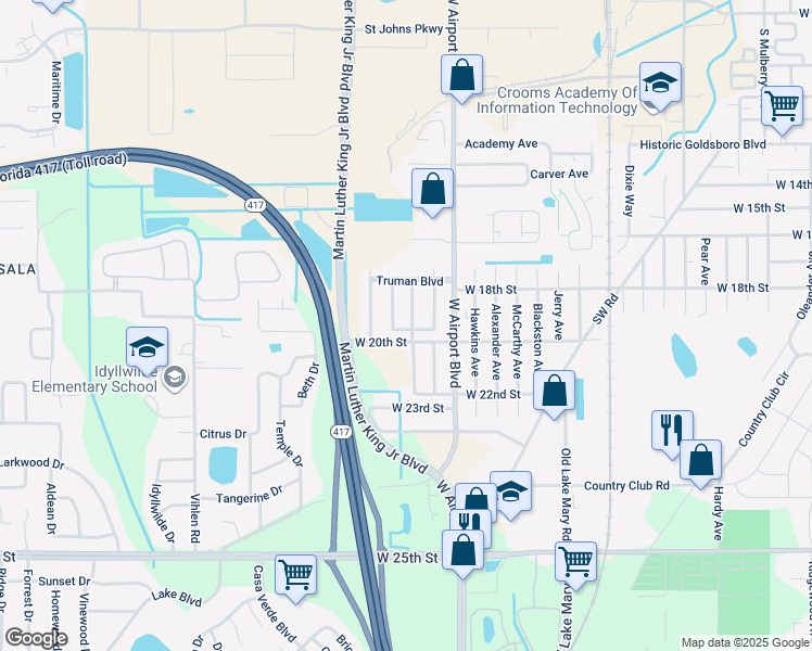 map of restaurants, bars, coffee shops, grocery stores, and more near 3018 McKinley Lane in Sanford
