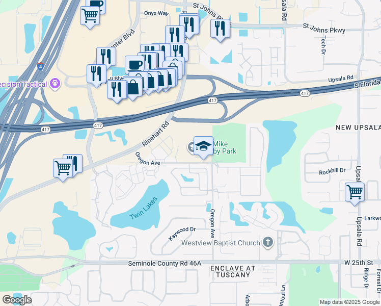 map of restaurants, bars, coffee shops, grocery stores, and more near 2190 South Oregon Avenue in Sanford