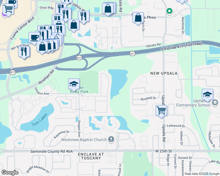 map of restaurants, bars, coffee shops, grocery stores, and more near 1444 Travertine Terrace in Sanford
