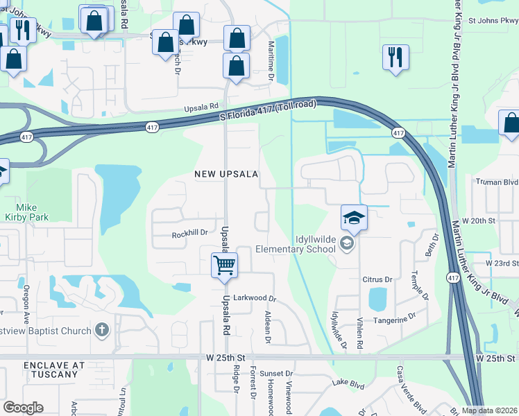 map of restaurants, bars, coffee shops, grocery stores, and more near 116 Royalty Circle in Sanford