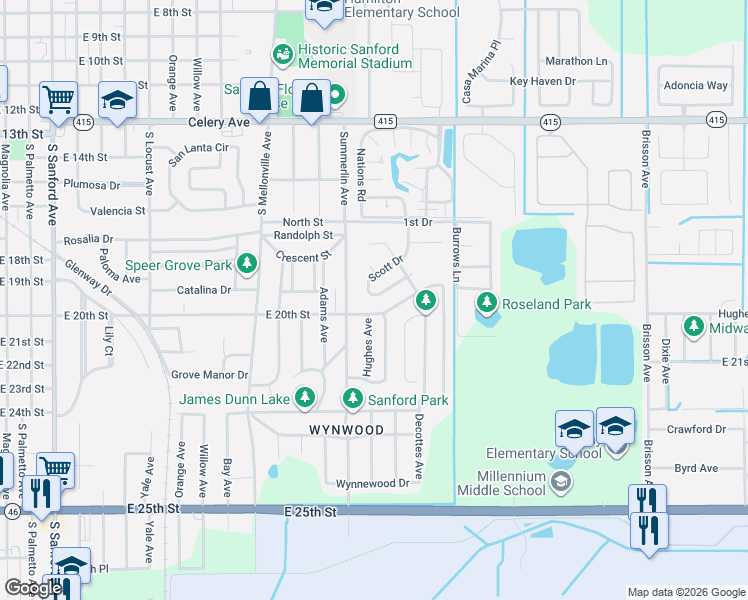 map of restaurants, bars, coffee shops, grocery stores, and more near 107 McKay Boulevard in Sanford