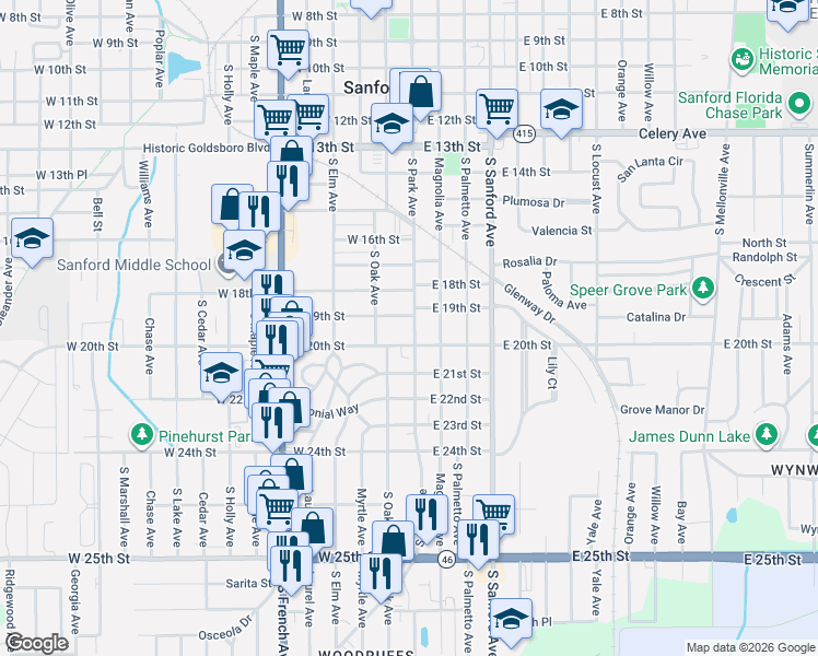 map of restaurants, bars, coffee shops, grocery stores, and more near 105 West 20th Street in Sanford