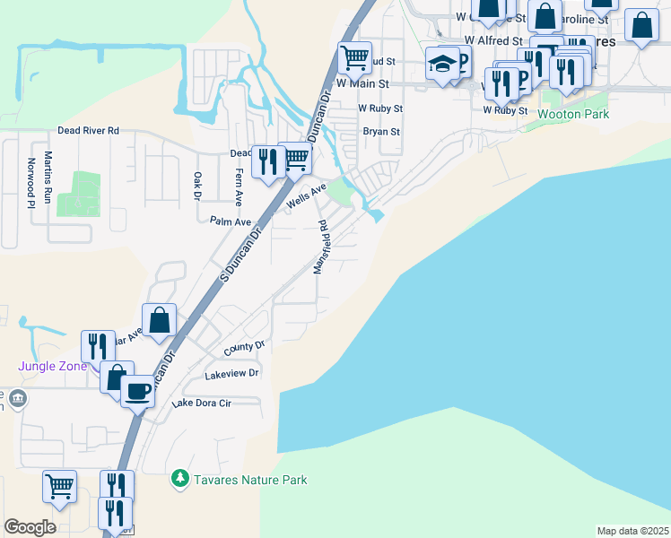 map of restaurants, bars, coffee shops, grocery stores, and more near 955 Mansfield Road in Tavares