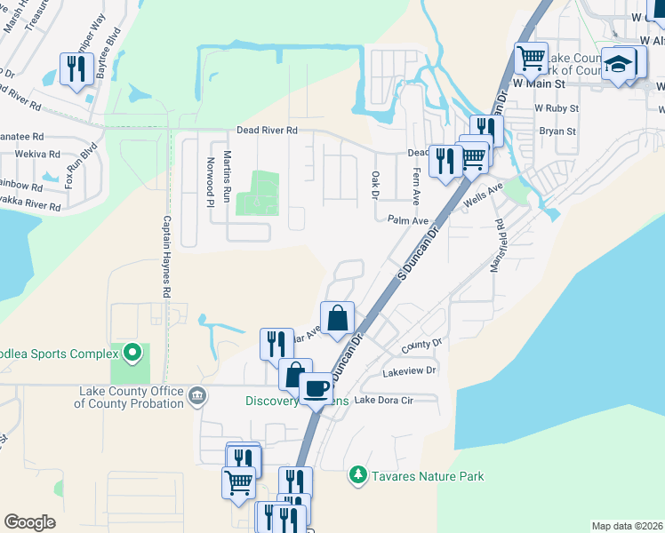 map of restaurants, bars, coffee shops, grocery stores, and more near 970 Cedar Avenue in Tavares