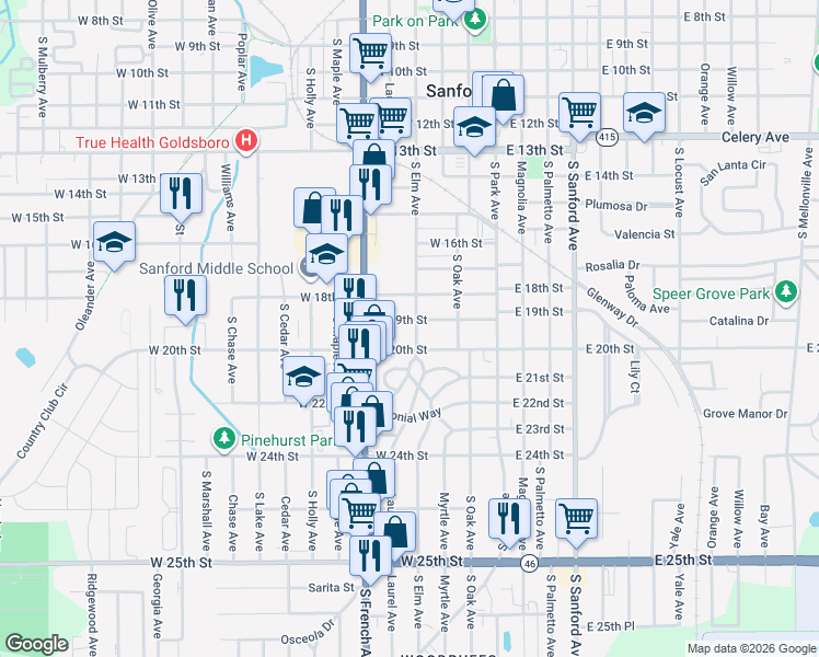 map of restaurants, bars, coffee shops, grocery stores, and more near 403 West 20th Street in Sanford