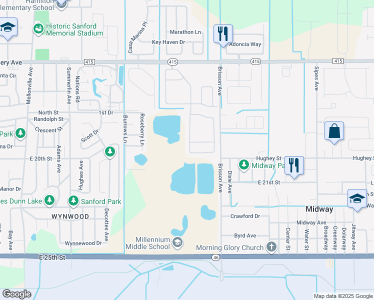 map of restaurants, bars, coffee shops, grocery stores, and more near 343 Fairfield Drive in Sanford