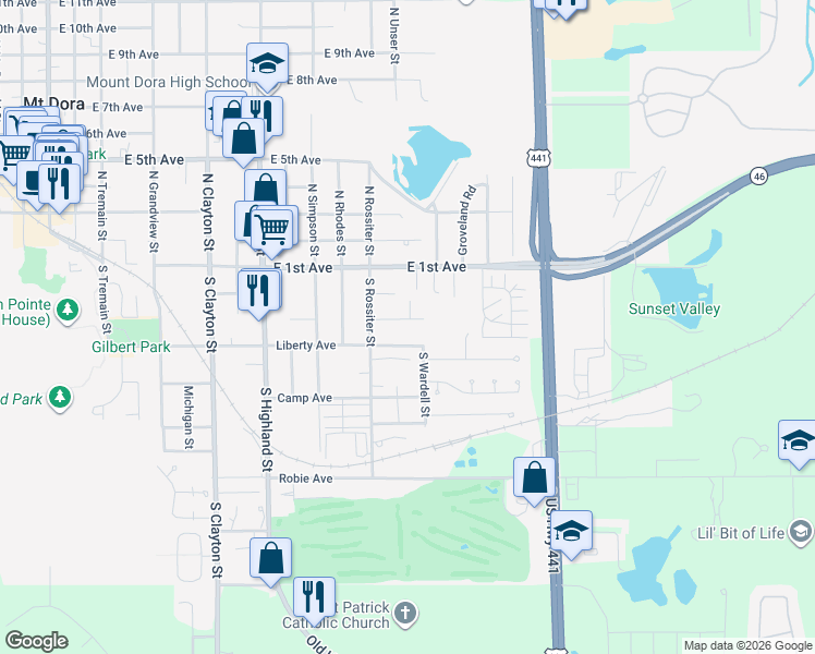 map of restaurants, bars, coffee shops, grocery stores, and more near 1485 Plymouth Avenue in Mount Dora