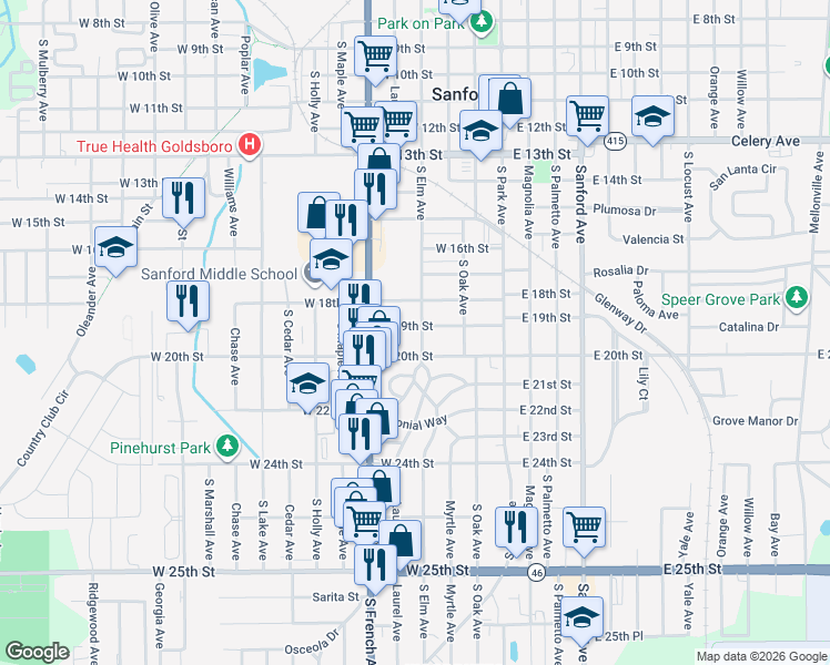 map of restaurants, bars, coffee shops, grocery stores, and more near 405 West 18th Street in Sanford