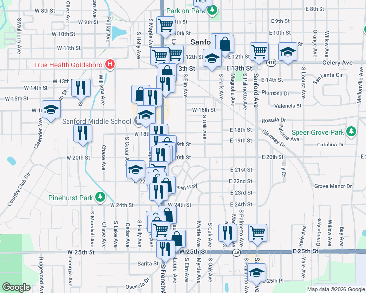 map of restaurants, bars, coffee shops, grocery stores, and more near 405 West 18th Street in Sanford