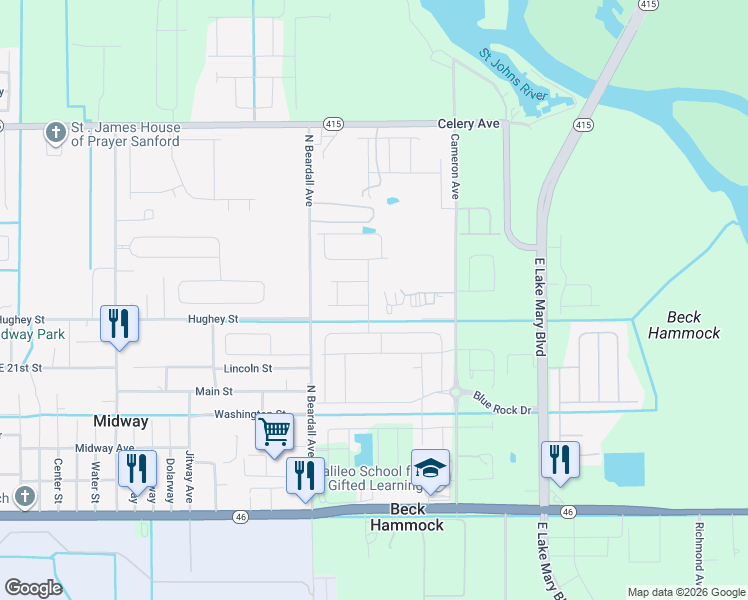 map of restaurants, bars, coffee shops, grocery stores, and more near 1905 Chautauqua Lane in Sanford