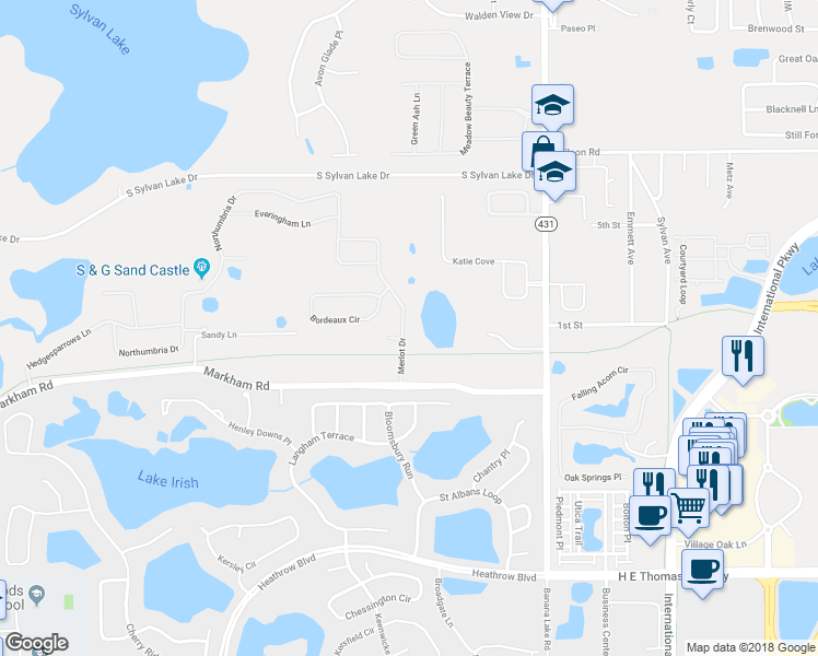 map of restaurants, bars, coffee shops, grocery stores, and more near 1815 Merlot Drive in Sanford