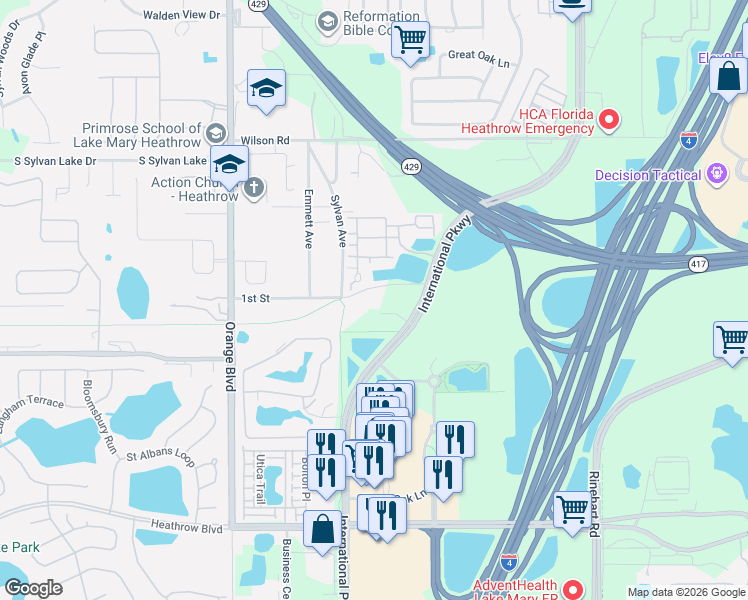 map of restaurants, bars, coffee shops, grocery stores, and more near 1400 Encore Place in Lake Mary