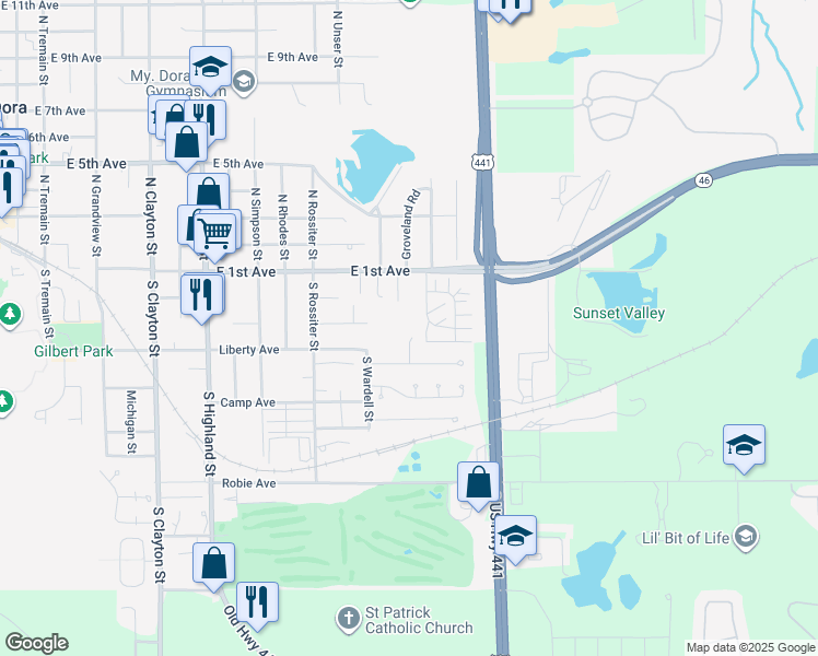 map of restaurants, bars, coffee shops, grocery stores, and more near 371 South Cobble Court in Mount Dora