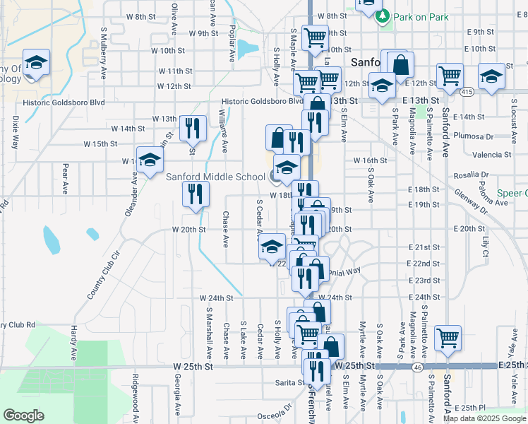 map of restaurants, bars, coffee shops, grocery stores, and more near 1801 South Cedar Avenue in Sanford