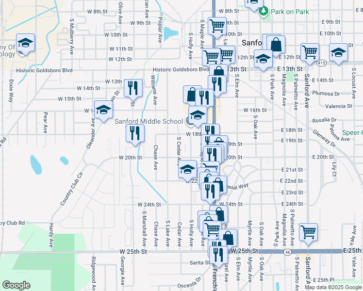 map of restaurants, bars, coffee shops, grocery stores, and more near 1801 South Cedar Avenue in Sanford