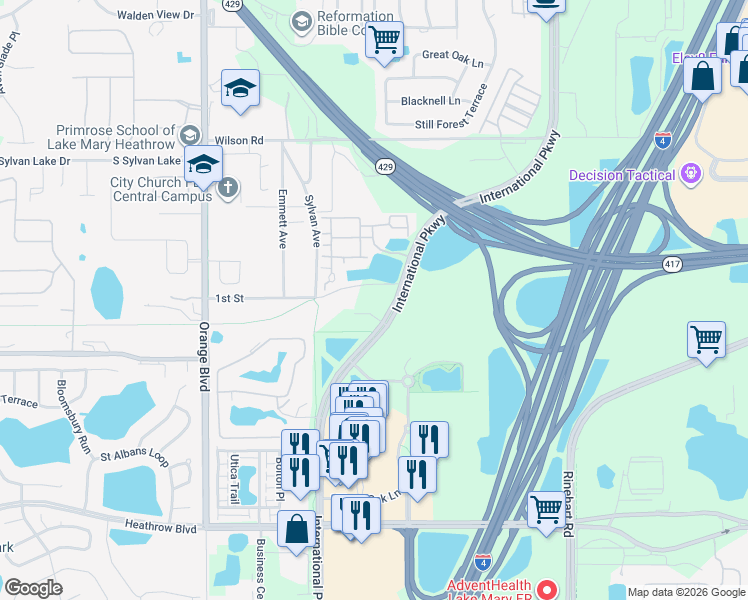 map of restaurants, bars, coffee shops, grocery stores, and more near 3300 International Pkwy in Sanford