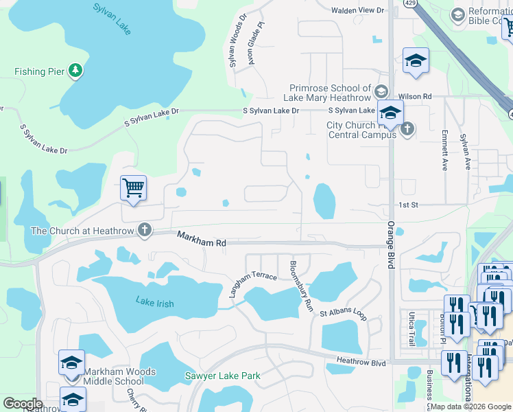 map of restaurants, bars, coffee shops, grocery stores, and more near 6272 Bordeaux Circle in Sanford