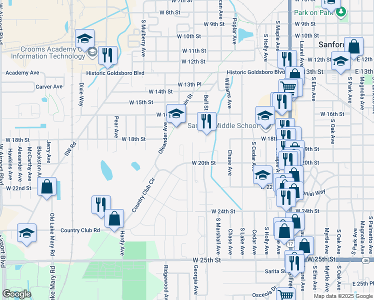 map of restaurants, bars, coffee shops, grocery stores, and more near 1300 West 20th Street in Sanford