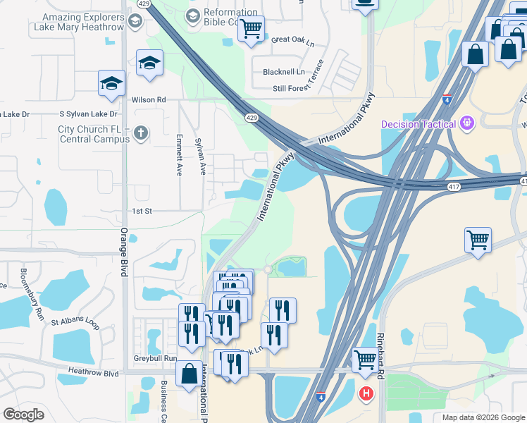 map of restaurants, bars, coffee shops, grocery stores, and more near International Parkway in Sanford