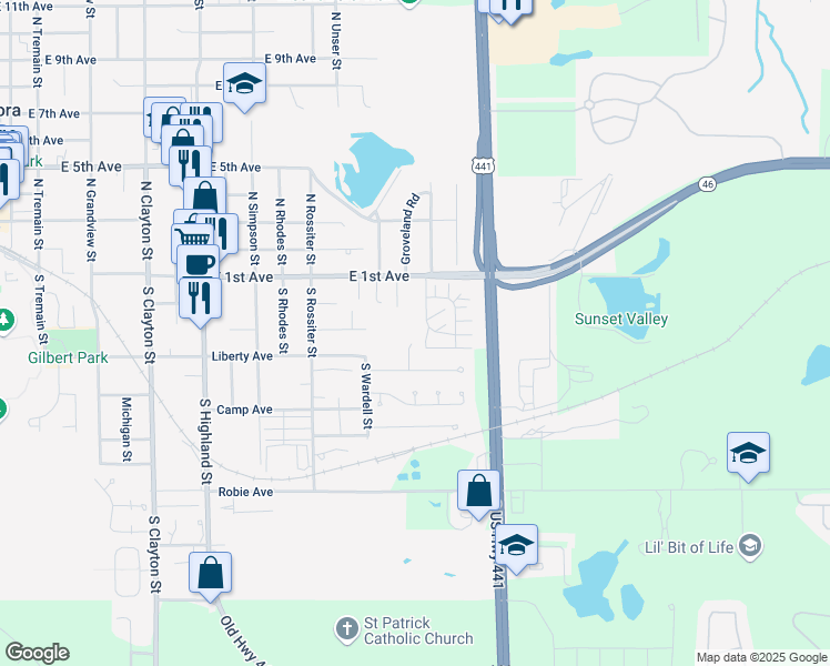 map of restaurants, bars, coffee shops, grocery stores, and more near 370 South Cobble Court in Mount Dora