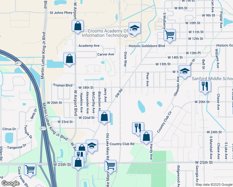 map of restaurants, bars, coffee shops, grocery stores, and more near 2471 West 18th Street in Sanford