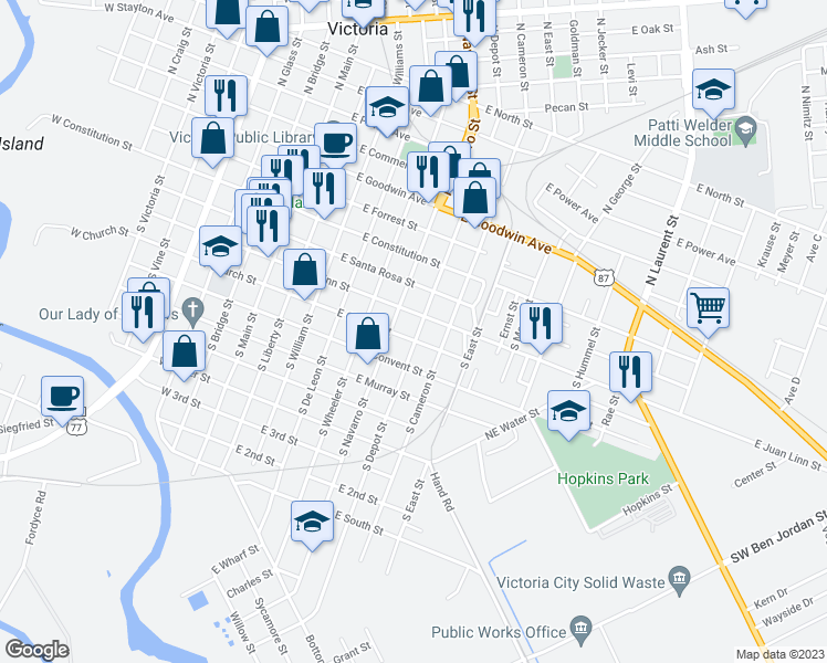 map of restaurants, bars, coffee shops, grocery stores, and more near 305 South Depot Street in Victoria