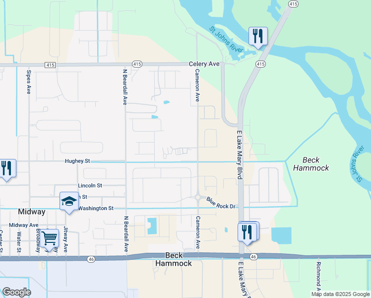 map of restaurants, bars, coffee shops, grocery stores, and more near 1980 Cameron Avenue in Sanford