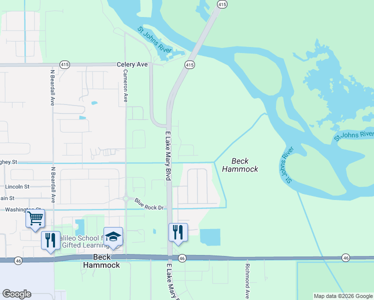 map of restaurants, bars, coffee shops, grocery stores, and more near 5015 East Lake Mary Boulevard in Sanford