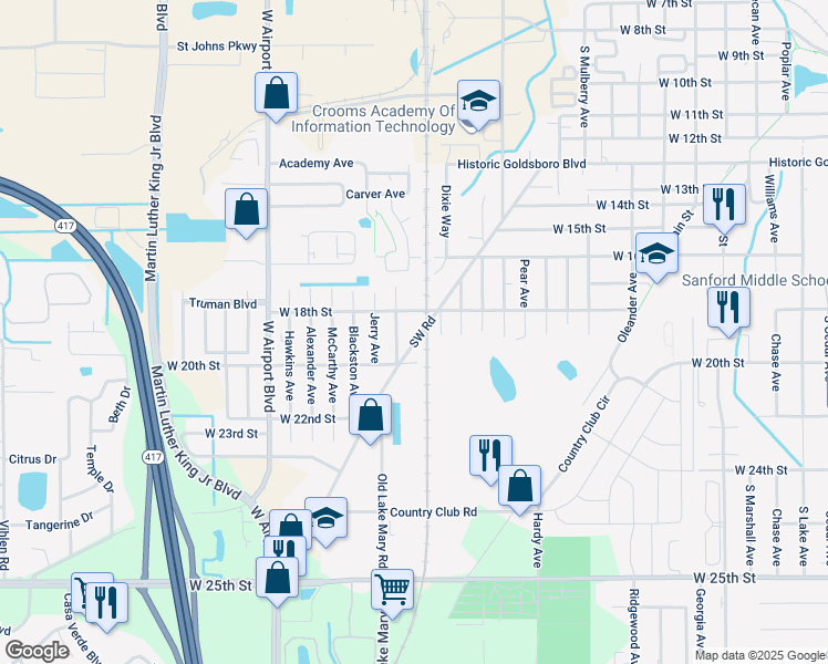 map of restaurants, bars, coffee shops, grocery stores, and more near 2471 West 18th Street in Sanford