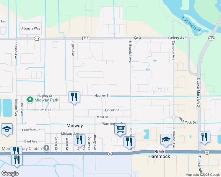map of restaurants, bars, coffee shops, grocery stores, and more near 3500 Hughey Street in Sanford