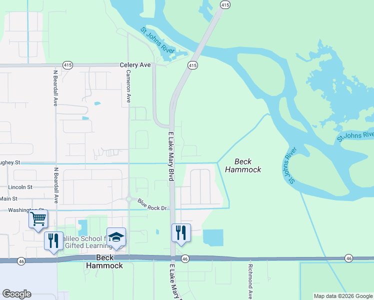 map of restaurants, bars, coffee shops, grocery stores, and more near 5015 East Lake Mary Boulevard in Sanford
