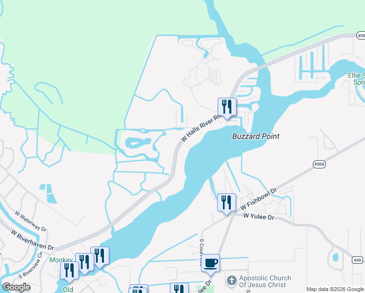 map of restaurants, bars, coffee shops, grocery stores, and more near 10576 West Halls River Road in Homosassa