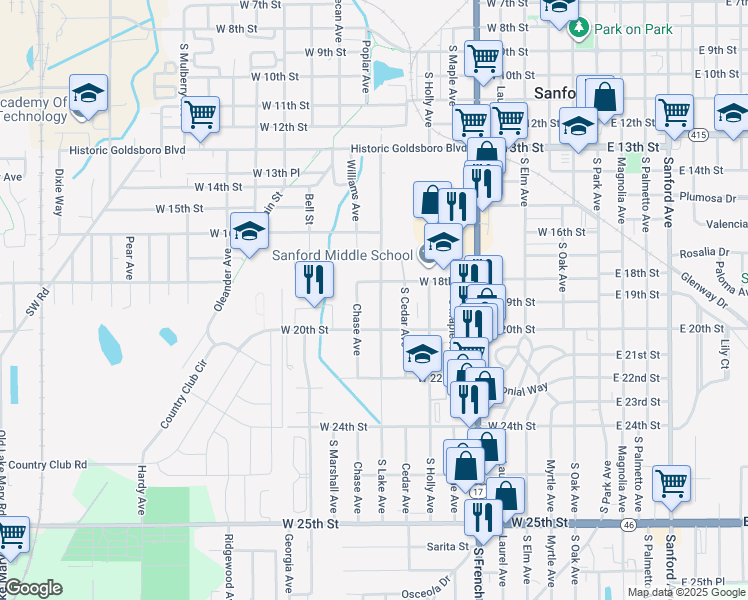 map of restaurants, bars, coffee shops, grocery stores, and more near 1910 William Clark Avenue in Sanford