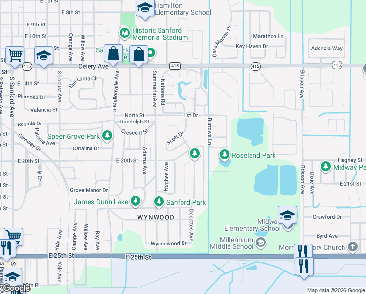 map of restaurants, bars, coffee shops, grocery stores, and more near 115 Scott Drive in Sanford
