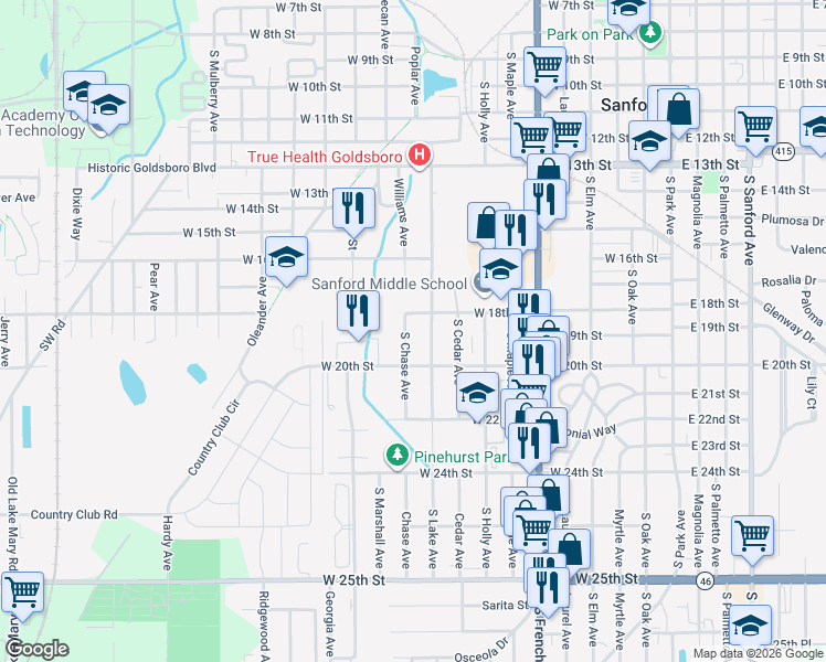map of restaurants, bars, coffee shops, grocery stores, and more near 1800 William Clark Avenue in Sanford