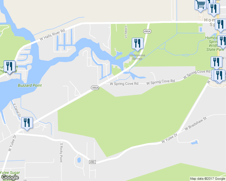 map of restaurants, bars, coffee shops, grocery stores, and more near 9490 West Spring Cove Road in Homosassa