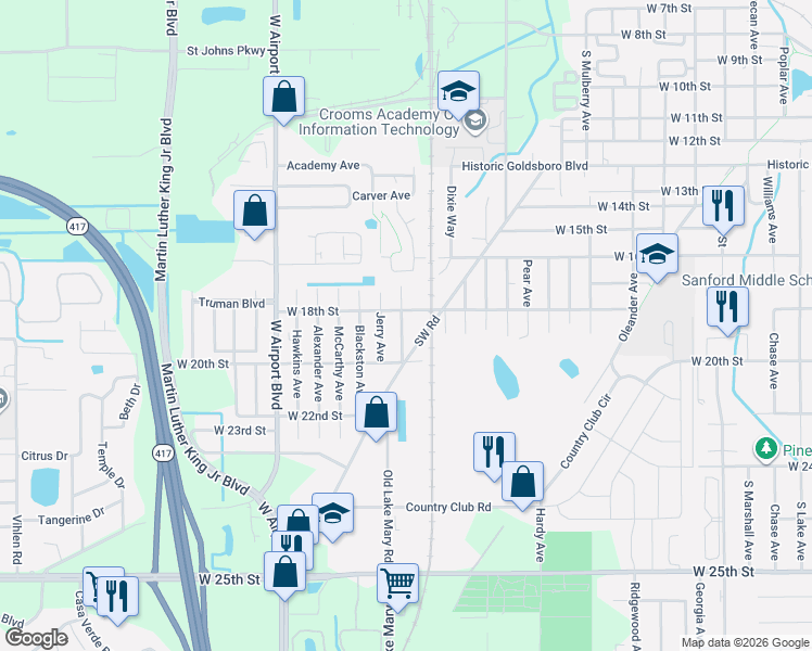 map of restaurants, bars, coffee shops, grocery stores, and more near 2471 West 18th Street in Sanford