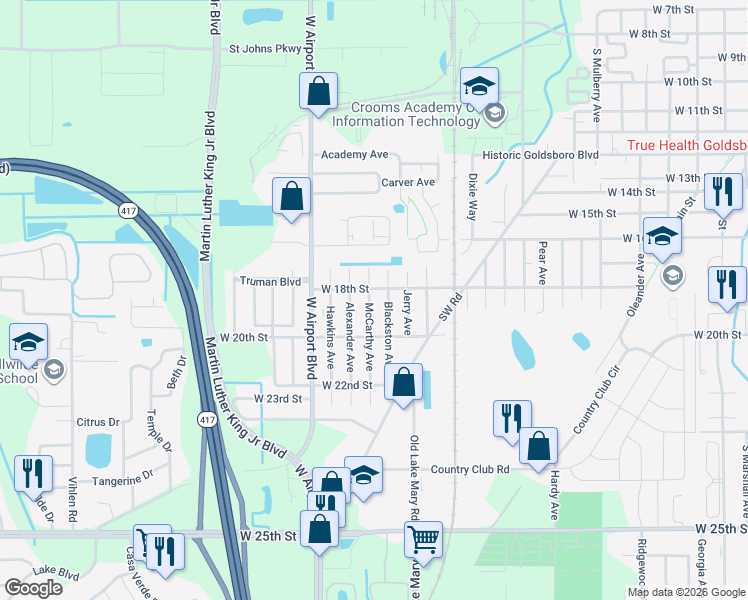 map of restaurants, bars, coffee shops, grocery stores, and more near 1807 McCarthy Avenue in Sanford
