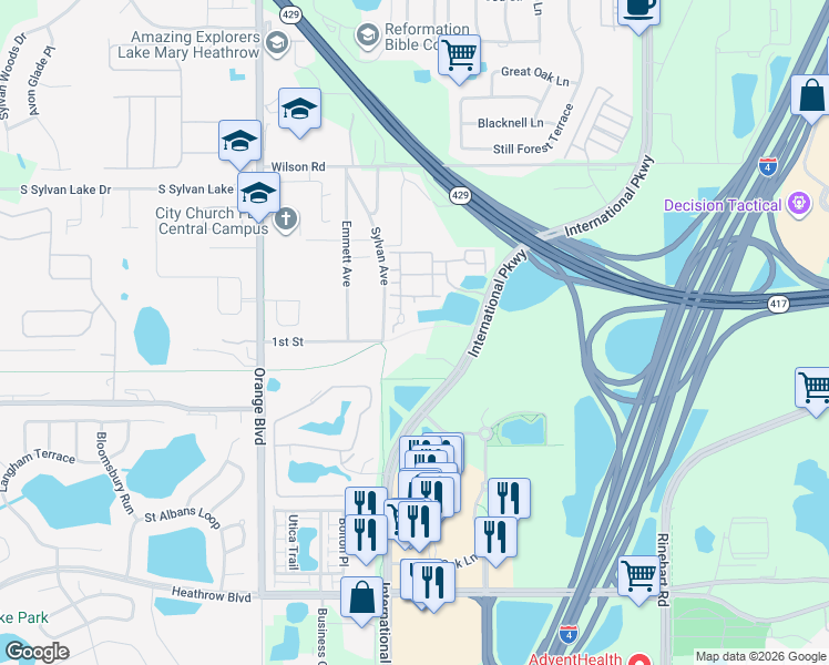 map of restaurants, bars, coffee shops, grocery stores, and more near 2420 Metz Avenue in Sanford