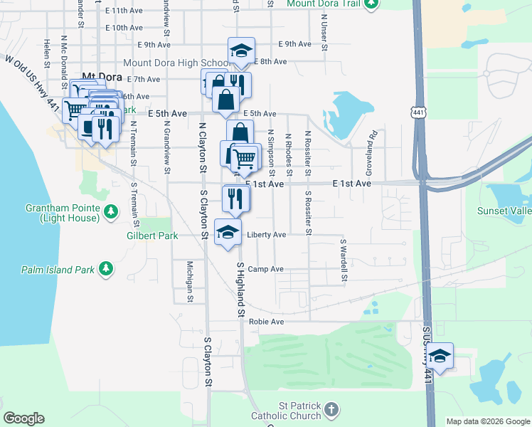 map of restaurants, bars, coffee shops, grocery stores, and more near 1021 Sun Country Court in Mount Dora