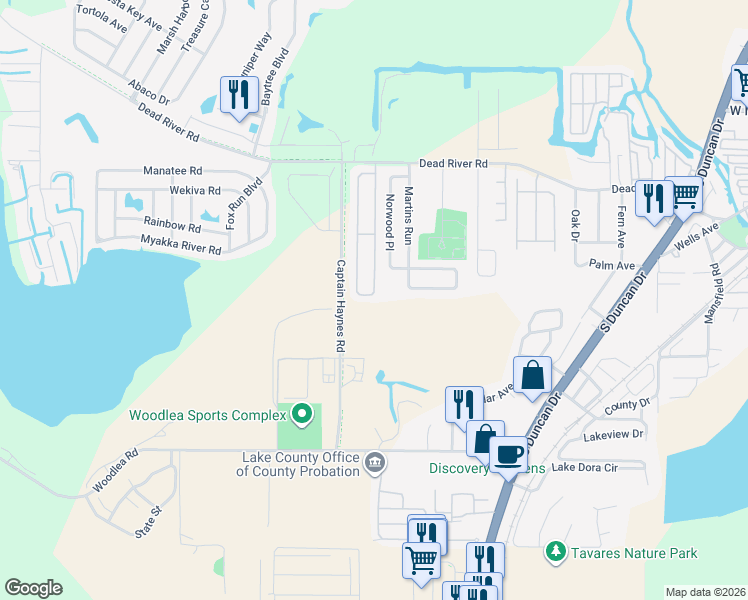map of restaurants, bars, coffee shops, grocery stores, and more near 777 East Rosewood Lane in Tavares