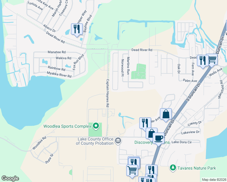 map of restaurants, bars, coffee shops, grocery stores, and more near 777 East Rosewood Lane in Tavares